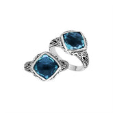 Sterling Silver London Blue Topaz Quartz Cushion Statement Ring With Balinese Motif